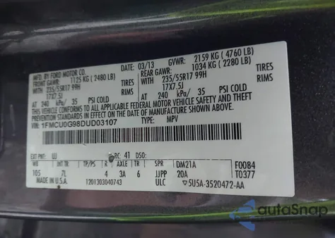 2013 Ford Escape Se из США, поврежденный, VIN 1FMCU0G98DUD03107